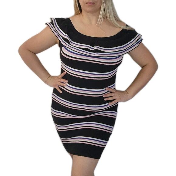 MSGM Milano Striped Knit Mini Off Shoulder Dress M Black White Pink Ruffle Party - Picture 2 of 11